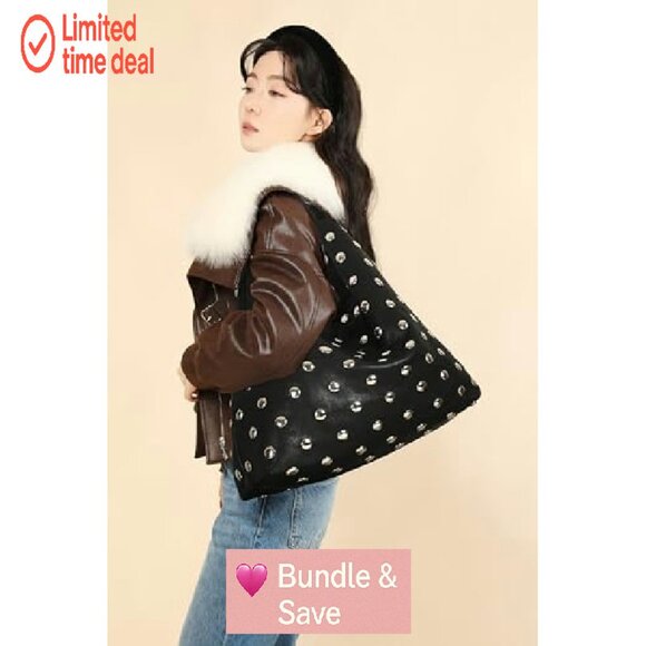 Large Vegan Leather Studded Hobo Tote Bag with Magnetic Closure - Picture 4 of 7